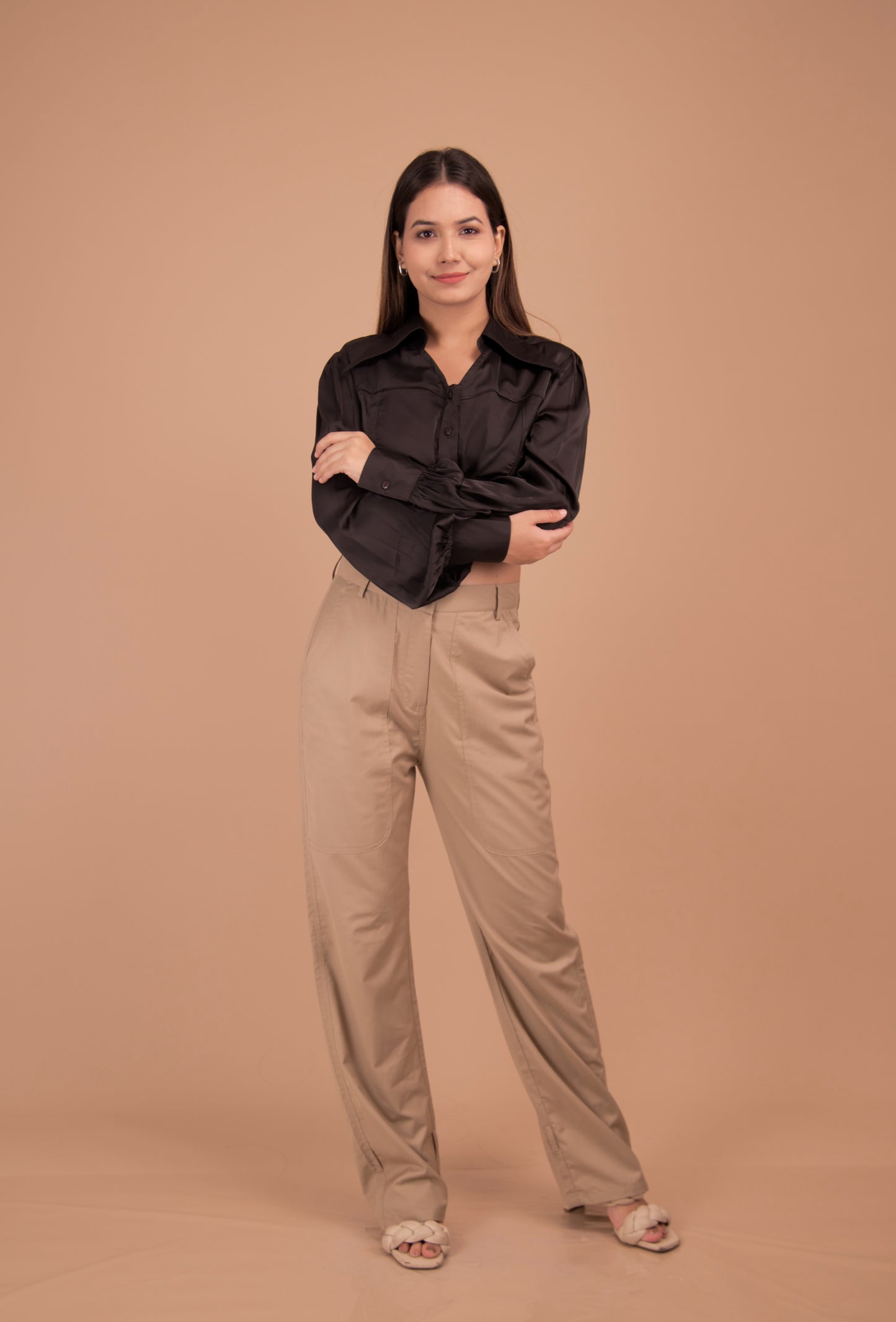 Cropped Satin Shirt & Tailored Cotton Trousers