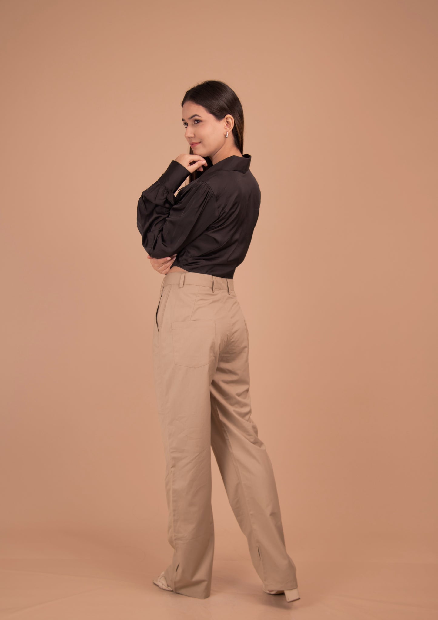Cropped Satin Shirt & Tailored Cotton Trousers