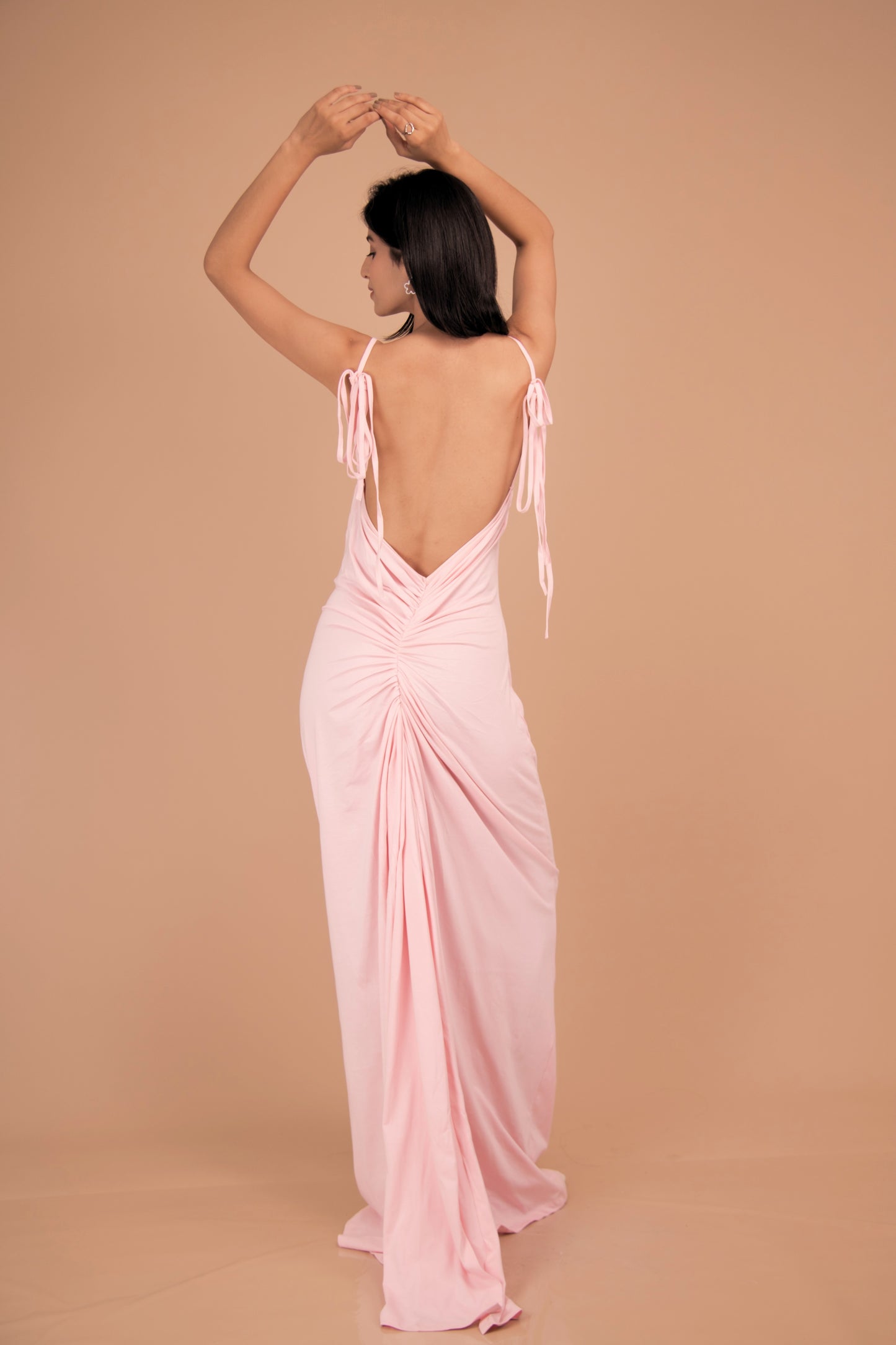 Backless Gathered Cotton Gown with Tie-Shoulder Straps