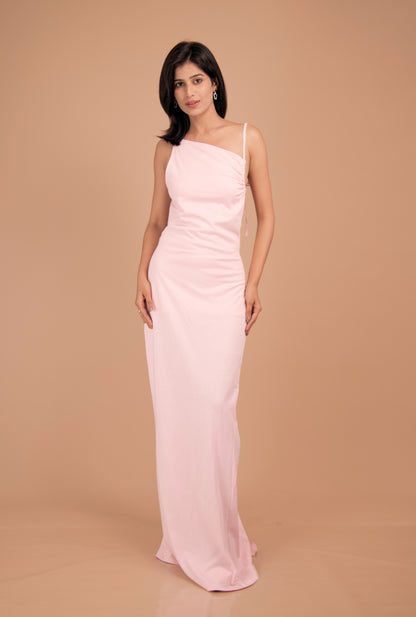 Backless Gathered Cotton Gown with Tie-Shoulder Straps