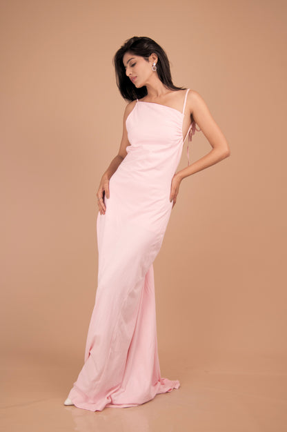 Backless Gathered Cotton Gown with Tie-Shoulder Straps