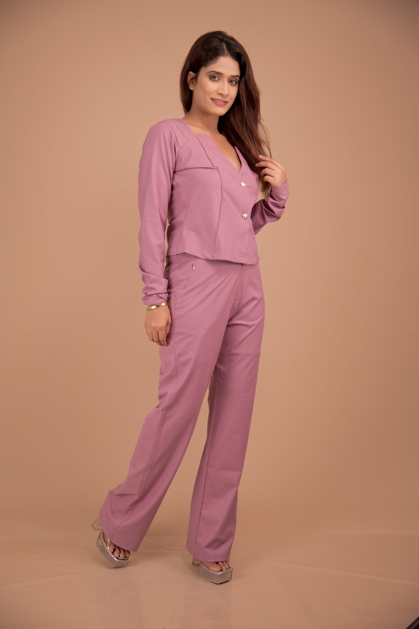 Structured V-Neck & Straight-Leg Co-Ord