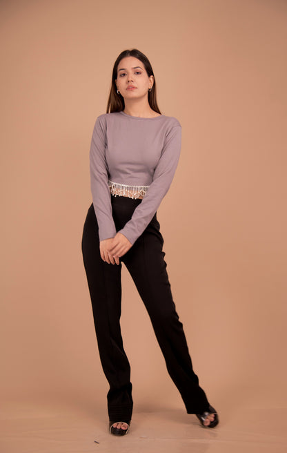 Embellished Fringe Crop & Tailored Trouser Co-Ord