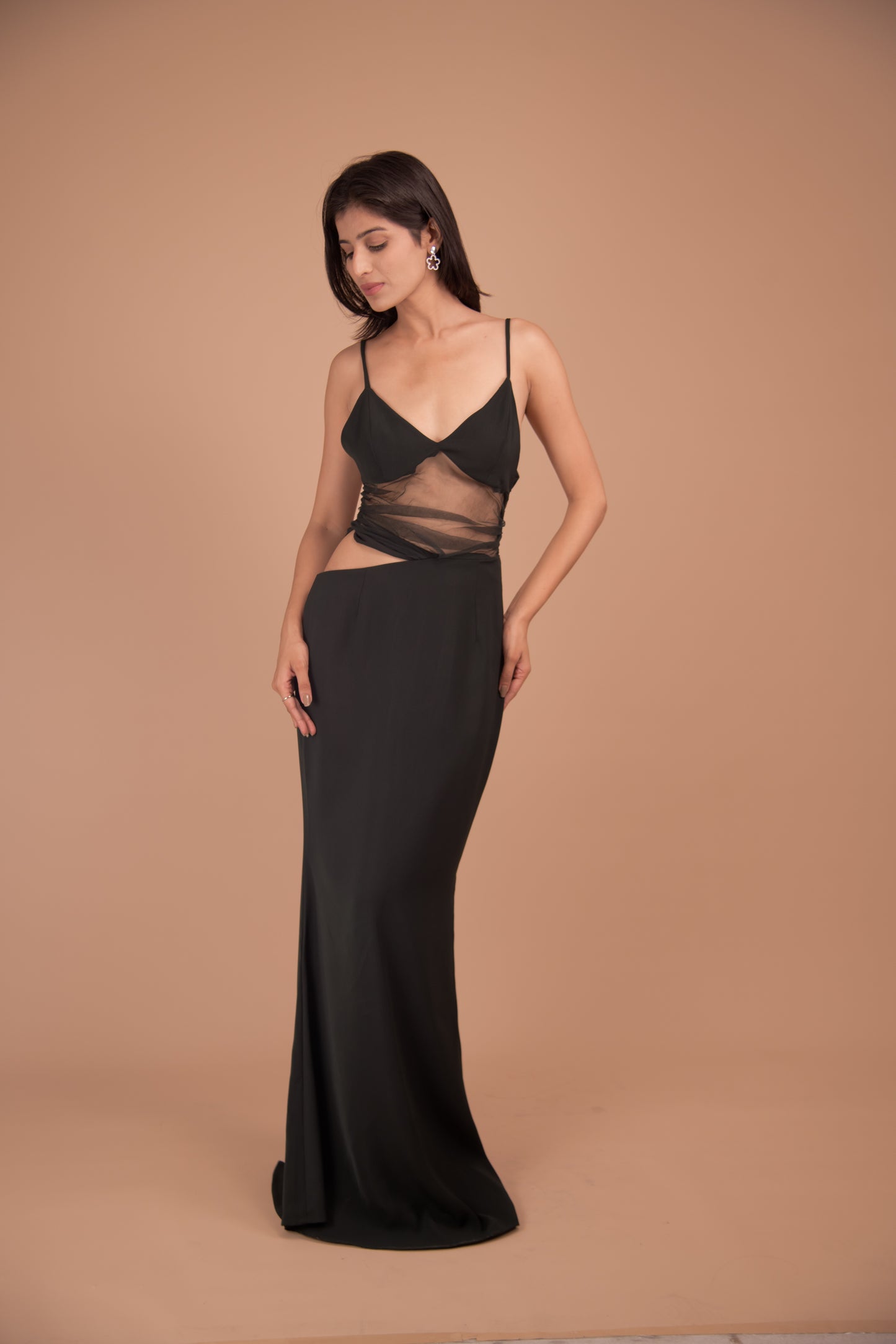 Midnight Whisper – Sheer-Panel Evening Gown