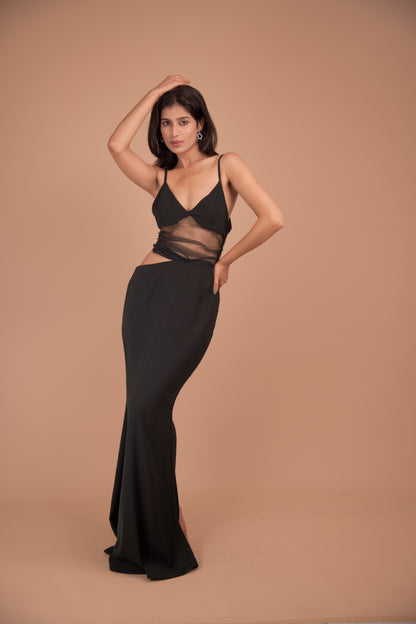 Midnight Whisper – Sheer-Panel Evening Gown