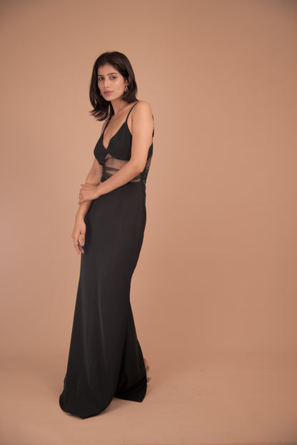 Midnight Whisper – Sheer-Panel Evening Gown