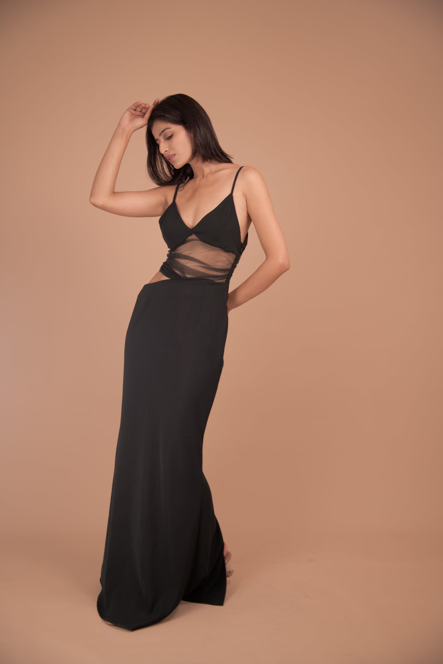 Midnight Whisper – Sheer-Panel Evening Gown