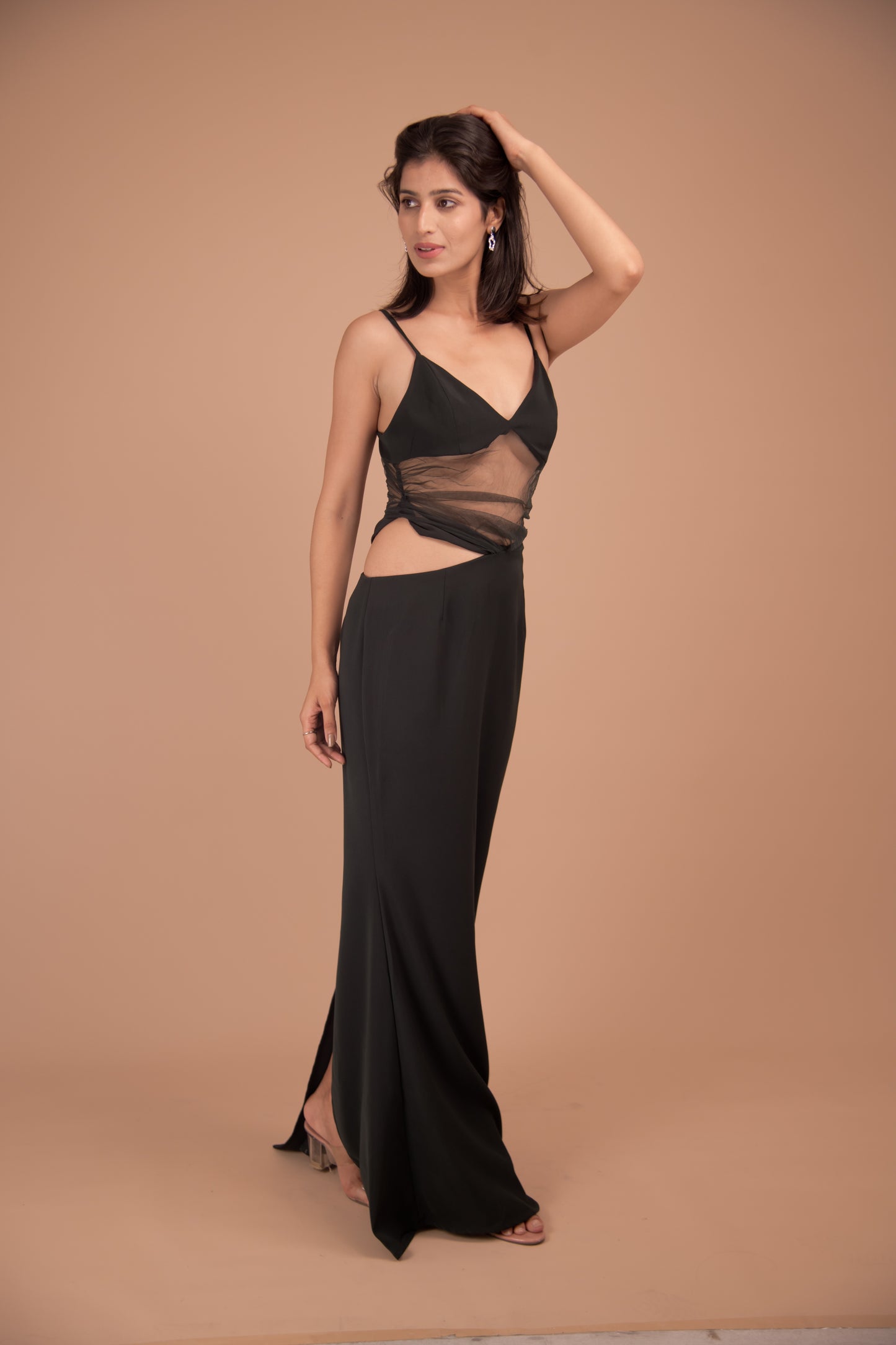 Midnight Whisper – Sheer-Panel Evening Gown