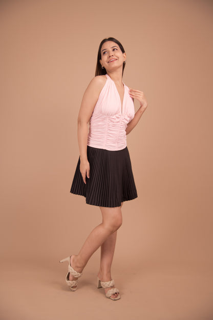 Blush & Noir – Ruched Cotton Halter with Pleated Satin Skirt