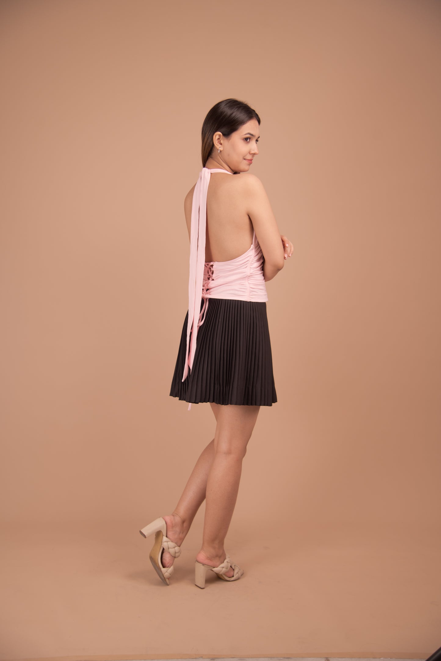 Blush & Noir – Ruched Cotton Halter with Pleated Satin Skirt