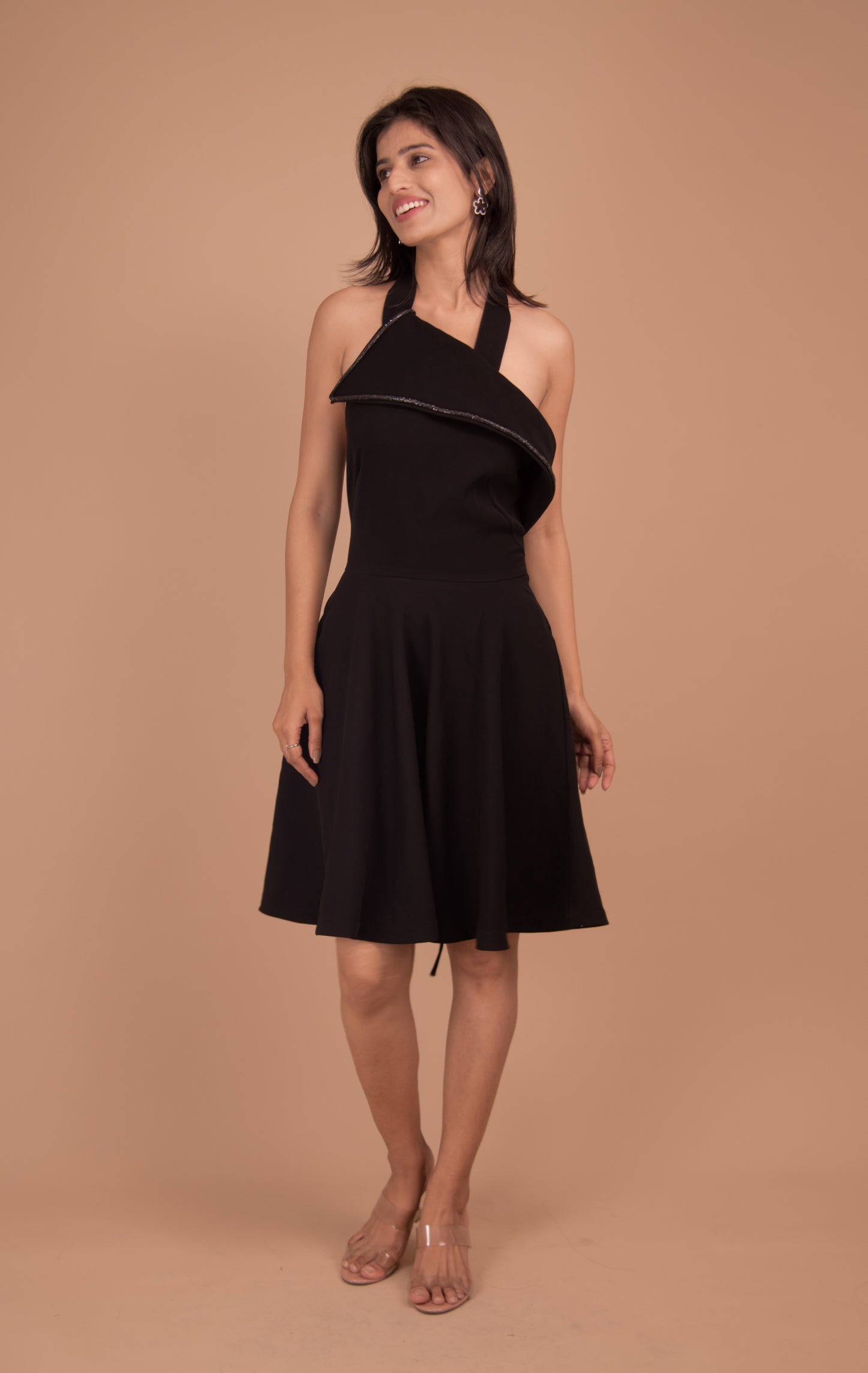 Noir Élan Crepe Halter Dress