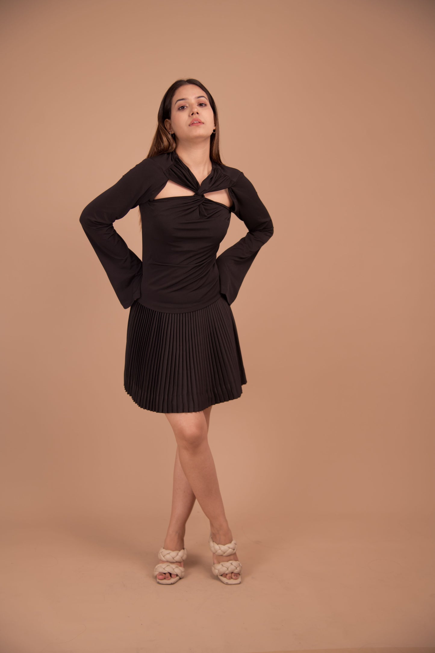 Midnight Poise – Crepe Top & Pleated Satin Skirt Co-Ord Set