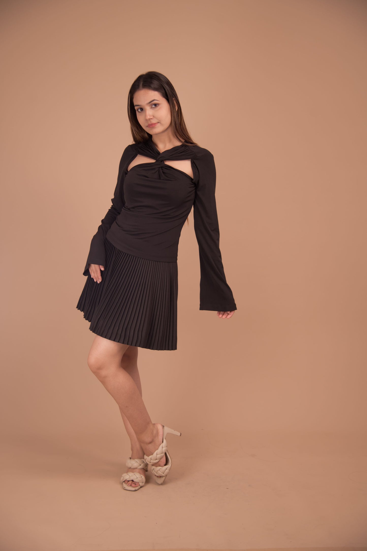 Midnight Poise – Crepe Top & Pleated Satin Skirt Co-Ord Set